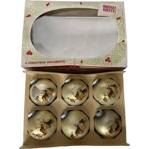 6 Vintage Shiny Brite Glass Christmas Ornaments Deer Stencil 2.5" Diameter Boxed